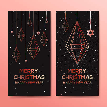 Christmas horizontal web banner with pink gold crystal decor. Geometric decoration background. Vector illustrationのイラスト素材