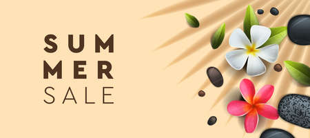 Summer Sale banner with palm, frangipani flowers. Background for poster, flyer, card, postcard, coverのイラスト素材