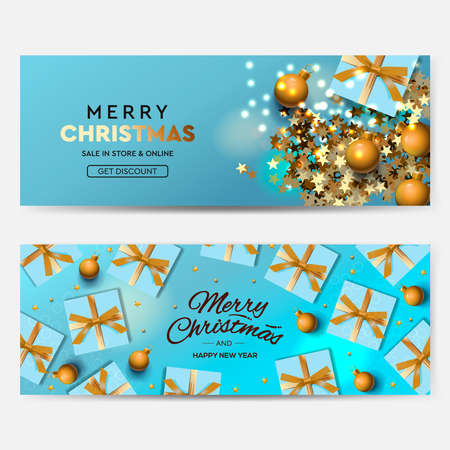 Christmas banner set. Holiday horizontal backgrounds, header for website. Xmas background, design with realistic gift boxesのイラスト素材