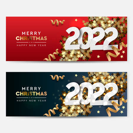 Set of Christmas and Happy New Year 2022 horizontal bannersのイラスト素材