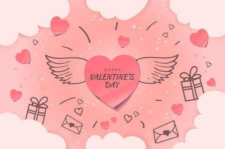 Valentines day background with winged heart. Romantic banner, greeting card, flyer and holiday posterのイラスト素材