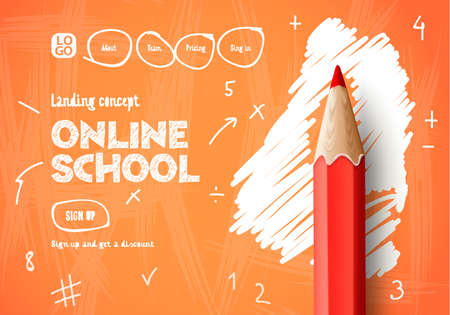 Online School. Web banner template for website, landing page and mobile app development. Doodle styleのイラスト素材