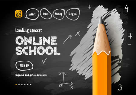 Online School web banner. Digital internet tutorials and courses, online education, e-learning. Doodle styleのイラスト素材