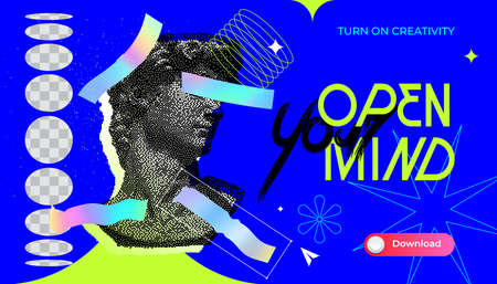 Creativity concept. Web banner with Michelangelo David bust. Aesthetic contemporary art collage. Vaporwave style poster conceptのイラスト素材