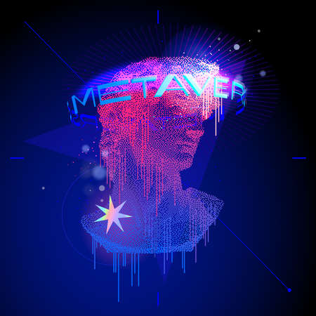 Metaverse VR and AR technology futuristic concept. Michelangelo David looks up in cyberspace of...