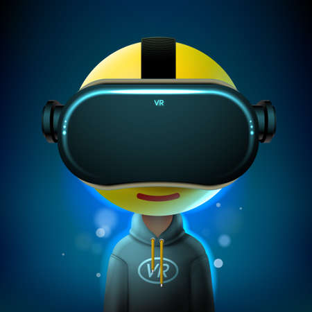 Emoji is wearing virtual headset. Metaverse. Into virtual reality world. Future technologyのイラスト素材