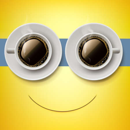 Smile look made from two cups of coffee, good morning, emoji, smiling face, yellow backgroundのイラスト素材