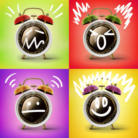 Good morning coffee and alarm clock concept. Cup on with mood doodle faceのイラスト素材