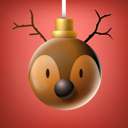 Christmas ball, New Years bauble decoration Reindeer face cartoon character emoticon. Seasonal traditional wintertime Merry Xmas souvenir iconのイラスト素材