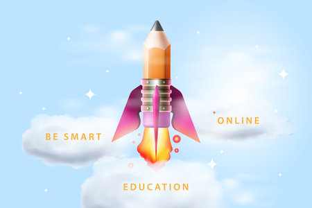 Flying space rocket in space clouds. Spaceship launch. Education concept, online learning, be smart, back to schoolのイラスト素材