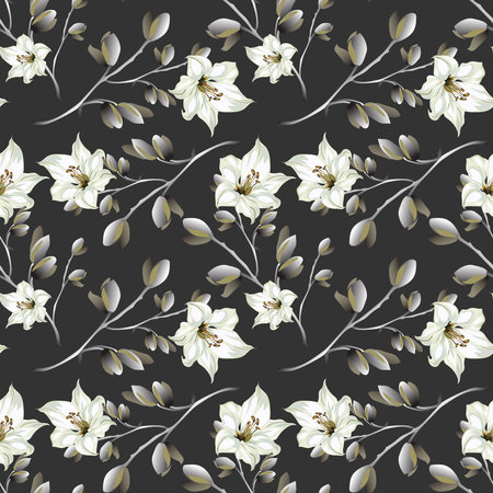 Seamless pattern with lily flowers, leaves, branches on dark backgroundのイラスト素材