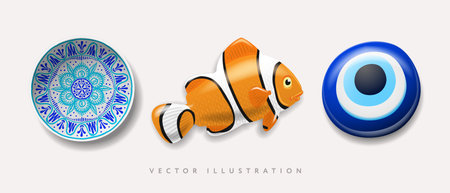 Set of travel magnets blue evil eye clownfish blue arabic pattern plate, vectorのイラスト素材