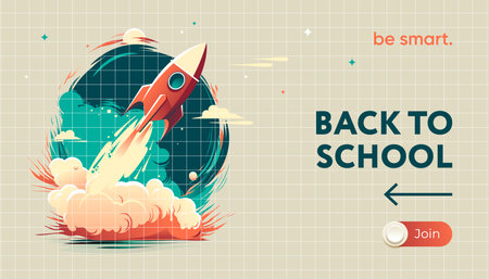 Back to school web template with a flying rocket, vectorのイラスト素材