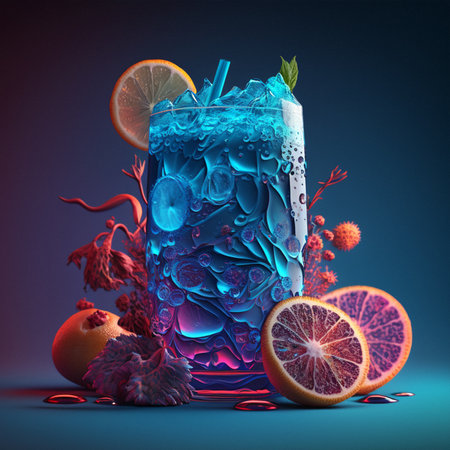 A blue and purple glass with a bunch of fruit and a drink with sliced oranges on itの素材