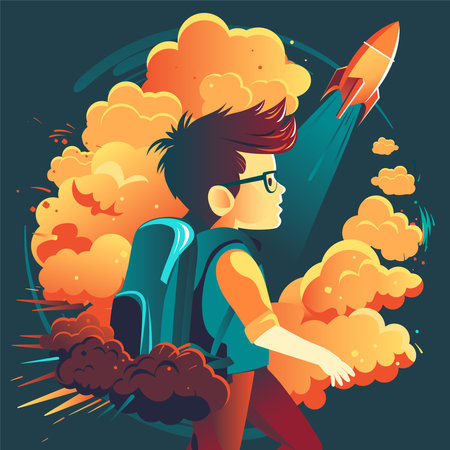 Back to school, cartoon boy with glasses backpack and flying rocketのイラスト素材