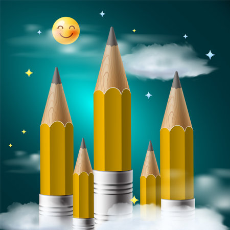 Pencils like buildings with the emoji sun shining on them and clouds, vector imageのイラスト素材