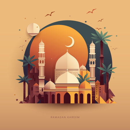 Ramadan Kareem modern style design with mosque dome, palm trees and moon, flat design, vector.のイラスト素材