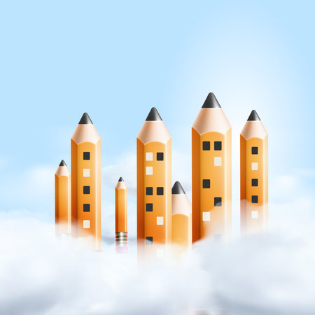 Pencils like city buildings surrounded by clouds, vector illustrationのイラスト素材