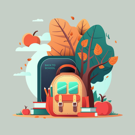 Back to school poster with a backpack, autumn trees and books, vector flat illustrationのイラスト素材