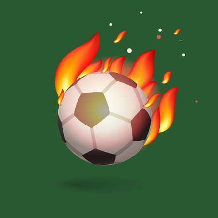 Soccer ball with flames that are on fire, green backgroundのイラスト素材