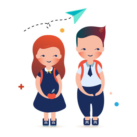 Little school children stand in school uniform. Vector illustration. Isolated on white backgroundのイラスト素材