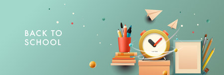 Back to school banner. School workspace with alarm clock, books, artist school supplies and frameのイラスト素材