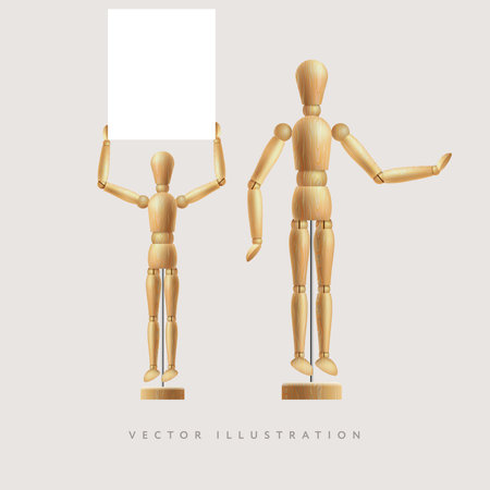 Two wooden mannequins holding a sign, wooden dummy in different postures on whiteのイラスト素材