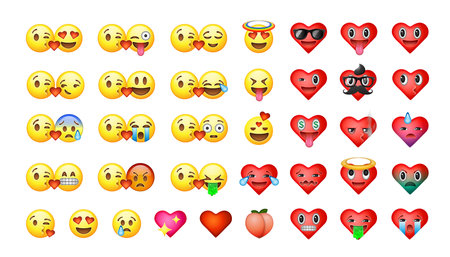 Emoji collection. High quality love, heart, and kisses emoticons isolated on a white background. Hearts, yellow smiles for Valentines day emoji set. Social media iconsのイラスト素材