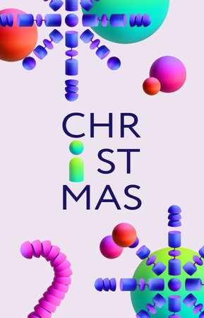 Merry Christmas and Happy New Year banner. Trendy modern Xmas design with 3d overlay elements, candy cane, snowflake, Christmas treeのイラスト素材