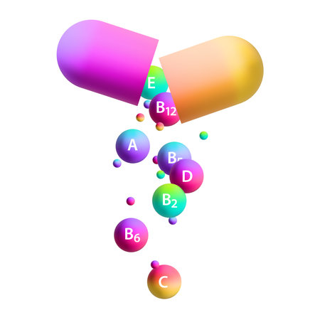 Icon vitamin pill capsule and vitamins bubbles with names for dietary supplement and healthy lifestyle. A, B and ascorbic acid C, vitamin D pillsのイラスト素材