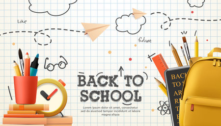 Back to school, banner, poster. Backpack and stationery, stack of books, alarm clock, paper airplanes, a checkered paper with different doodle scientific iconsのイラスト素材