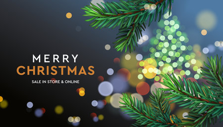 Christmas web banner with Xmas tree branches in sparkle blur bokeh effect backgroundのイラスト素材