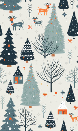 Seamless pattern with winter forest and deer. Christmas template for home screen wallpaper, prints, wrapping paper, cards, fabric, surface design, vectorのイラスト素材