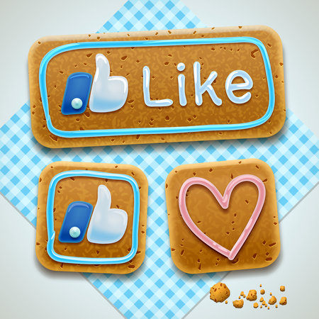 Gingerbread cookies, Like, Thumbs Up, heart shape icons set, tablecloth background, Christmas collectionのイラスト素材
