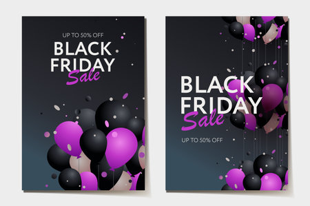 Black Friday sale posters with realistic balloons, confetti pink and black colorのイラスト素材