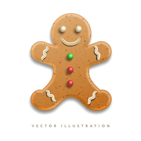Holiday gingerbread man cookie with colored icing, isolated on white. Merry Christmas Holiday. Realistic vector illustrationのイラスト素材