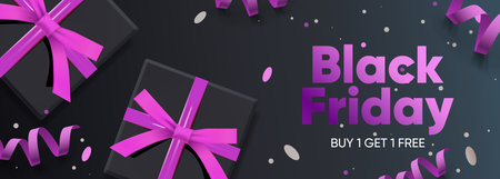 Black Friday sale web banner. Black gift boxes with pink ribbon and purple streamer. Falling...