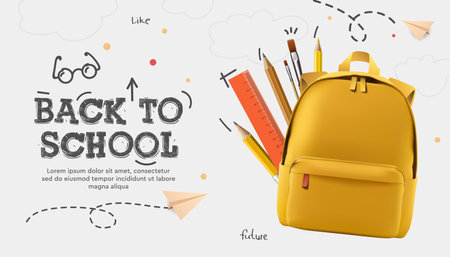 Back to school banner, poster. Yellow backpack, stationery, paper airplanes, doodle drawing, vector illustrationのイラスト素材