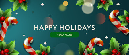 Christmas banner with candy canes and holy berry. Holidays header backgroundのイラスト素材
