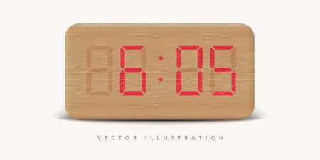 Realistic modern wooden digital clock, mockup frontal view, vector illustration