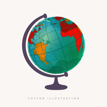 Vector world globe with stand, mockup on white background. Globe of planet Earth for concept of kids learning or world travelingのイラスト素材