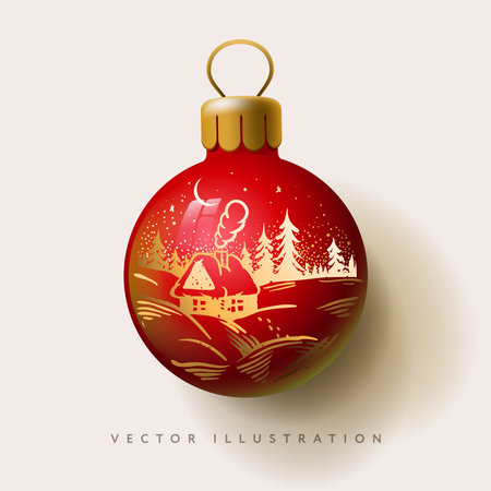 Realistic red Christmas glass ball with golden decoration on it. Design template of Xmas and New Year tree toy decoration ball for mockup, greeting card, bannerのイラスト素材