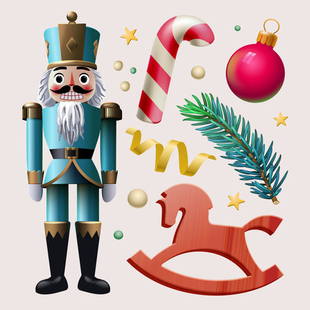 Christmas vector illustration set characters. Nutcracker, rocking horse, Christmas candy, ball, serpentine, fir tree branch. Perfect for holiday greetings and decorationsのイラスト素材