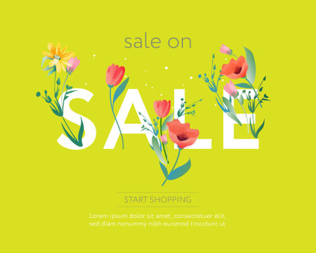 Spring Sale vector web banner background with spring season sale text and tulip flowers. Can be used for advertising, wallpaper, flyers. Vector illustrationのイラスト素材