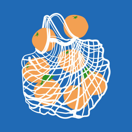 Reusable shopping mesh bag with organic oranges. Vector illustration in flat doodles styleのイラスト素材
