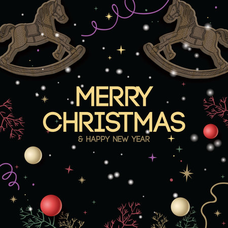 Merry Christmas and Happy New Year banner with wooden rocking horses. Modern Xmas poster black background, vector illustration.のイラスト素材