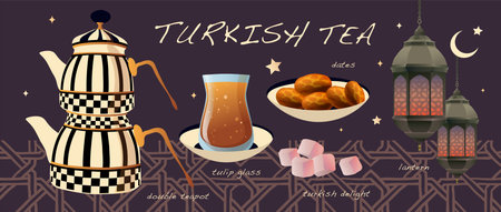 Turkish tea party poster with double teapot, tea glass, Turkish delight, dates, lanterns on arabic oriental ornament, crescent and star backgroundのイラスト素材