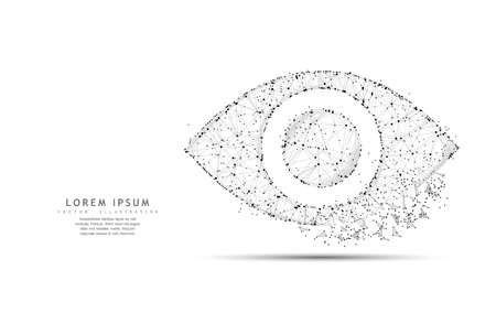 Eye. Polygonal wireframe mesh icon with crumbled edge isolated on white with dots. Vision, health, optical, watch or other concept illustration or backgroundのイラスト素材
