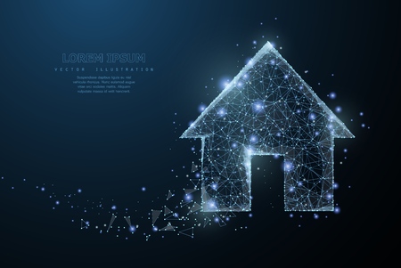Home symbol. Polygonal wireframe mesh icon with crumbled edge on blue night sky with dots, stars and looks like constellation. Dream house, home page or other concept illustration or backgroundのイラスト素材
