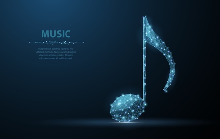 Vector music note. Abstract wire low poy quarter note illustration on dark blue background with stars. Musical classical sound, art, melody symbolのイラスト素材